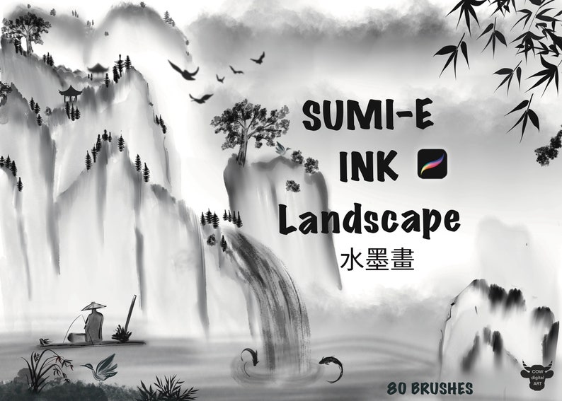 May include: Black and white digital illustration of a Japanese landscape with mountains, a waterfall, a fisherman in a boat, and birds. The text "SUMI-E INK Landscape 水墨畫 80 BRUSHES" is in the lower right corner of the image.