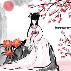 May include: A woman in a pink kimono sits on a rock with red flowers in the foreground. A black and white mountain is in the background with a red moon. The text "Enjoy your creations" is in the upper right corner of the image.