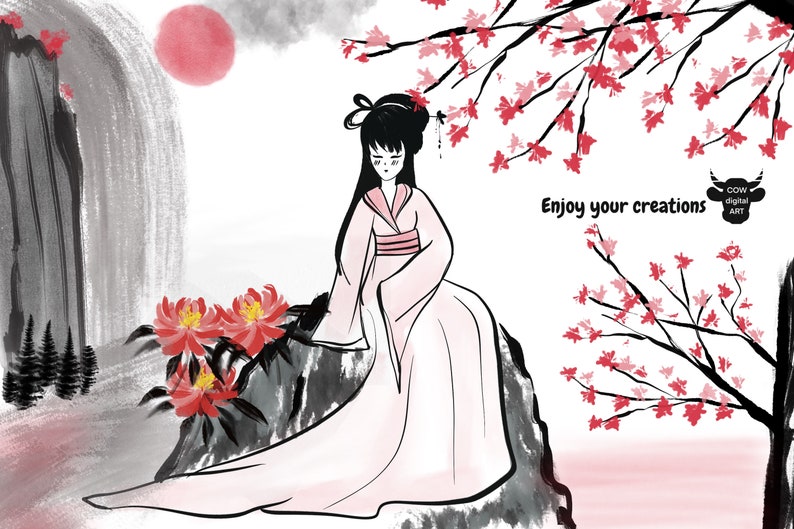 May include: A woman in a pink kimono sits on a rock with red flowers in the foreground. A black and white mountain is in the background with a red moon. The text "Enjoy your creations" is in the upper right corner of the image.