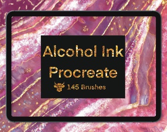 Pinceles de tinta de alcohol para Procreate: Purpurina dorada, Arte fluido (Descarga digital)