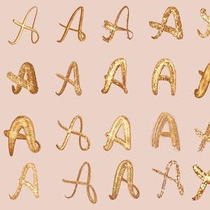 May include: Twenty gold glitter letter A's in various styles and fonts on a light pink background.