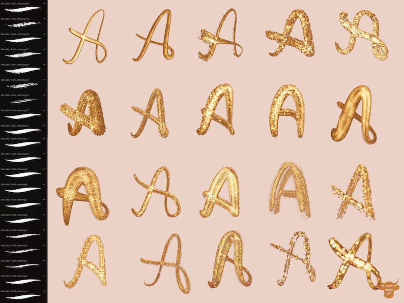 May include: Twenty gold glitter letter A's in various styles and fonts on a light pink background.
