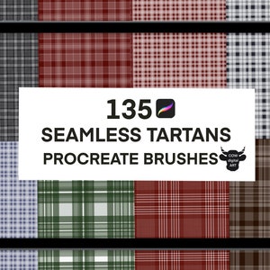May include: A digital tablet displaying a collection of 135 seamless tartan patterns for use as Procreate brushes. The patterns are in various colors, including red, green, blue, and black.