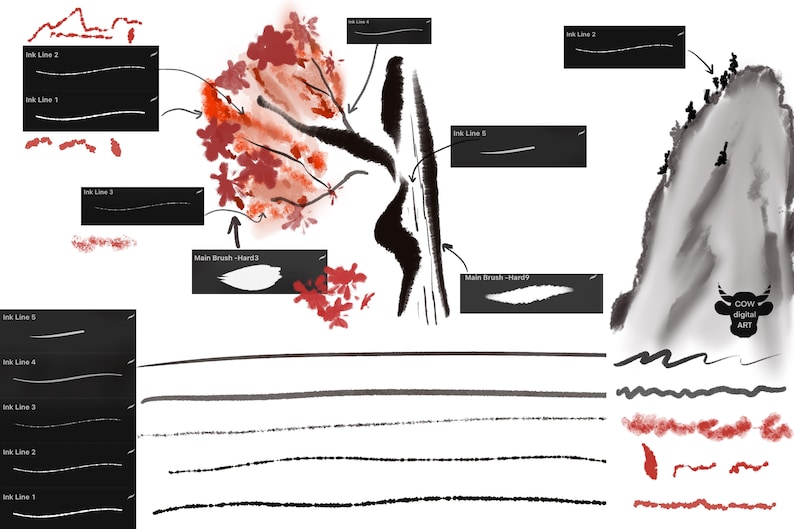 May include: A digital art illustration of a mountain, a tree with red leaves, and a variety of brush strokes. The image includes the text "COW digital ART".