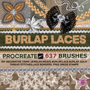 BURLAP LACE Procreate brushes,Lace Applique Procreate,Thread Metallic Stitches,lace Embroidery,Sequin,DIY decorative trim,Jewelry,free Dress