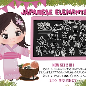 May include: A digital illustration of a girl in a pink kimono holding a chalkboard with white drawings of Japanese elements, including sushi, flowers, and traditional masks. The text on the chalkboard reads "JAPANESE ELEMENTS" and "NEW SET 2 IN 1 (SET 1-ELEMENTS) JAPANESE STAMPS, PATTERNS, FLOWERS, LEAVES (SET 2-PAINTINGS) SUSHI SET 200 BRUSHES".