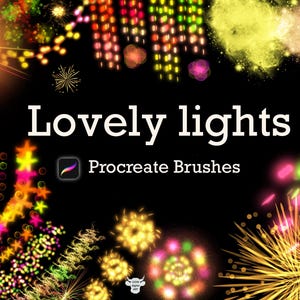 May include: A set of colourful, glowing Procreate brushes for creating light effects. The brushes are designed to look like fireworks, stars, and other light sources. The text "Lovely lights" and "Procreate Brushes" are displayed on a black background.
