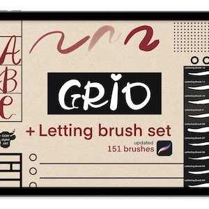 May include: A digital tablet screen displaying a set of 151 lettering brushes for digital art. The screen shows a preview of the brushes, with the text "GRID + Letting brush set updated 151 brushes".
