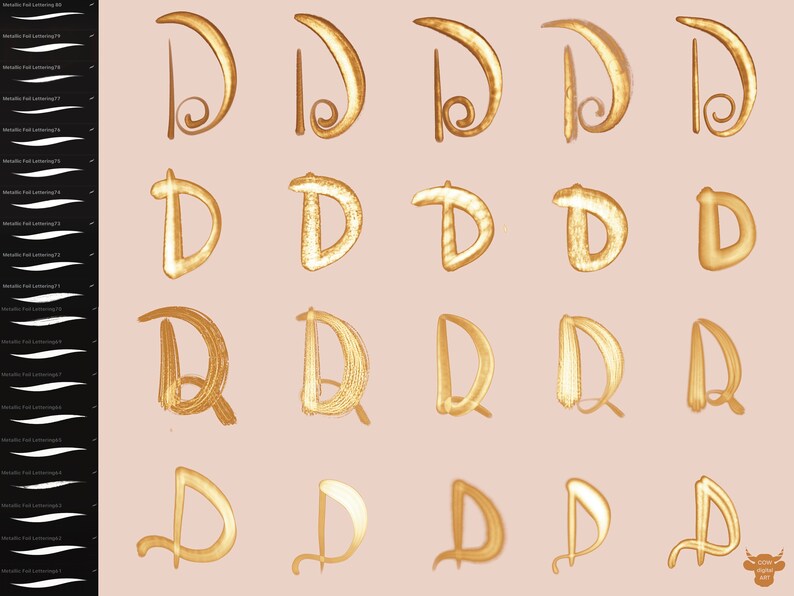 May include: Twenty-five variations of the letter 'D' in a gold metallic font on a light pink background.