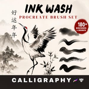 May include: A digital product display for an Ink Wash Procreate Brush Set featuring a crane illustration, mountains, and bamboo. The text reads INK WASH PROCREATE BRUSH SET, 180+ BRUSHES + BONUS, and CALLIGRAPHY. Chinese characters are visible on the left.