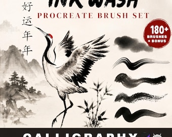 180 pinceles de tinta para caligrafía, acuarela y aguada para Procreate, pinceles Sumi-e, efectos de salpicaduras de tinta chinos y japoneses, hoja de práctica, texturas.
