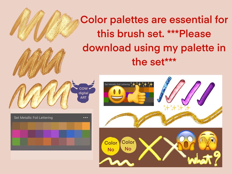 May include: A digital art brush set with gold, blue, pink, and purple metallic foil lettering. The image includes a colour palette with a variety of colours, and the text "Color palettes are essential for this brush set. ***Please download using my palette in the set***".