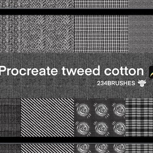 Puede incluir: Una ilustración digital de una pantalla de tableta que muestra una colección de 234 pinceles Procreate con varias texturas de tweed y algodón en blanco y negro.