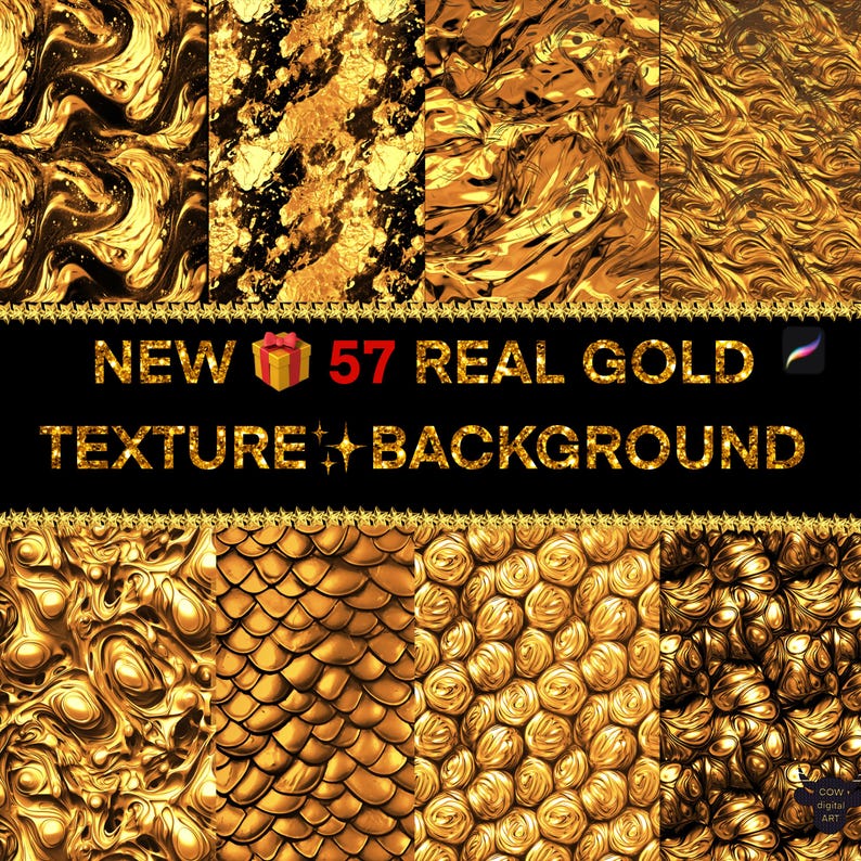 May include: A set of 57 digital textures featuring real gold in various patterns, including swirls, scales, and roses. The textures are perfect for adding a touch of luxury to your designs.