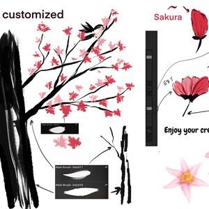 May include: A digital art tutorial showing how to create a cherry blossom tree and flowers using a digital drawing tablet. The tutorial includes instructions on how to use different brushes and opacity settings to create realistic effects. The text "Can be customized", "Sakura", "100%", "54%", "Enjoy your creations", and "COW digital ART" is included in the image.