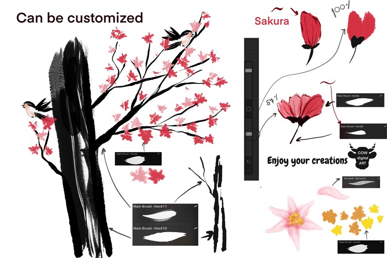 May include: A digital art tutorial showing how to create a cherry blossom tree and flowers using a digital drawing tablet. The tutorial includes instructions on how to use different brushes and opacity settings to create realistic effects. The text "Can be customized", "Sakura", "100%", "54%", "Enjoy your creations", and "COW digital ART" is included in the image.