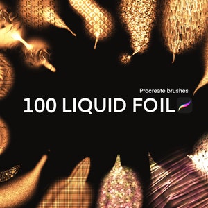 May include: 100 Liquid Foil Procreate brushes. A collection of digital art brushes featuring gold foil textures. The brushes are designed for use in the Procreate app.