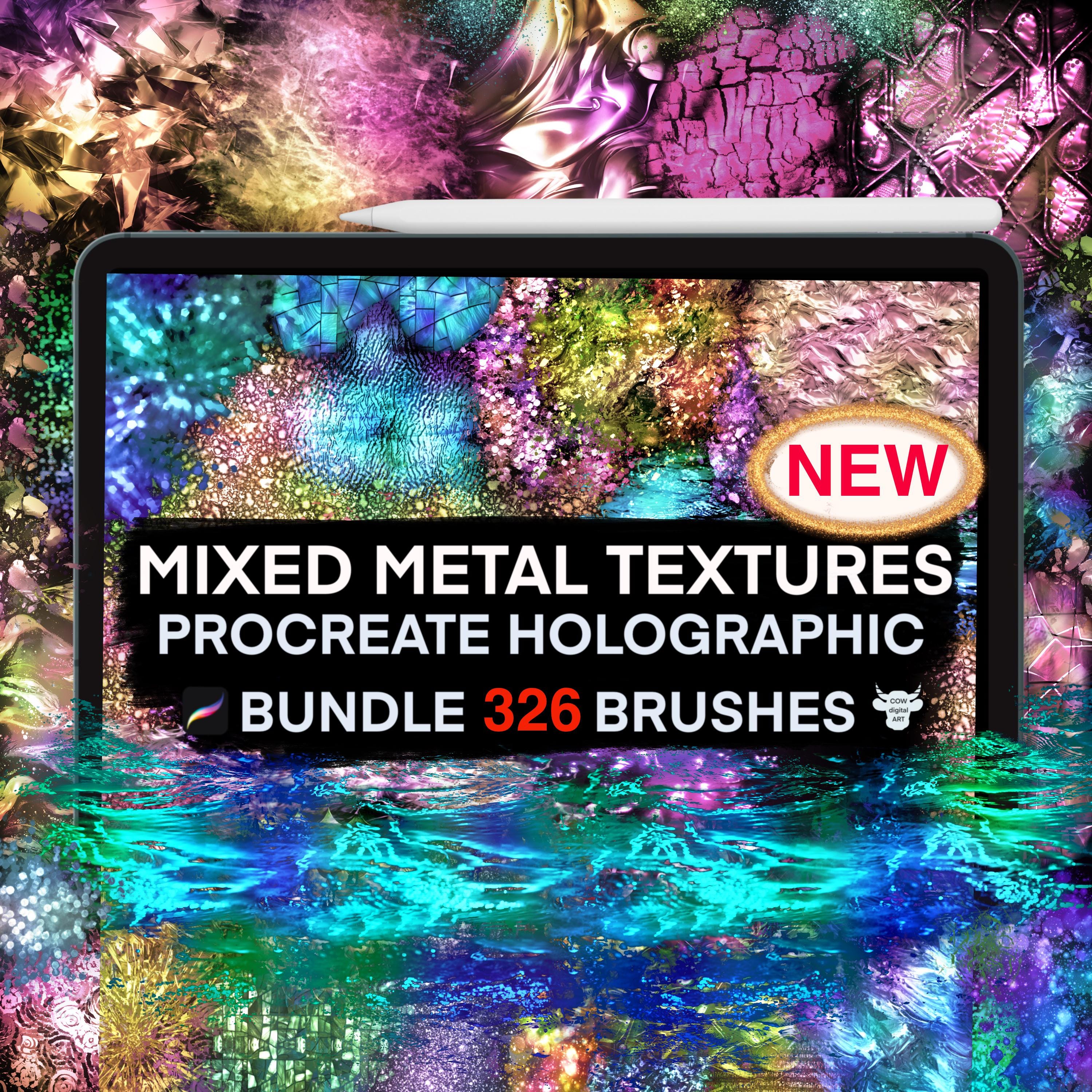 Procreate Iridescent & Holographic Brushes Bundle with Gold Foil, Glitter Dust and Metallic Textures