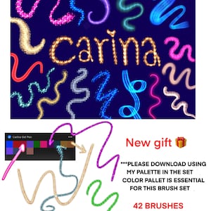 May include: A set of 42 digital brushes for Procreate, featuring glittery, neon-coloured lines and swirls. The brushes are designed to create a unique and eye-catching effect. The image includes the text "carina" and "New gift".
