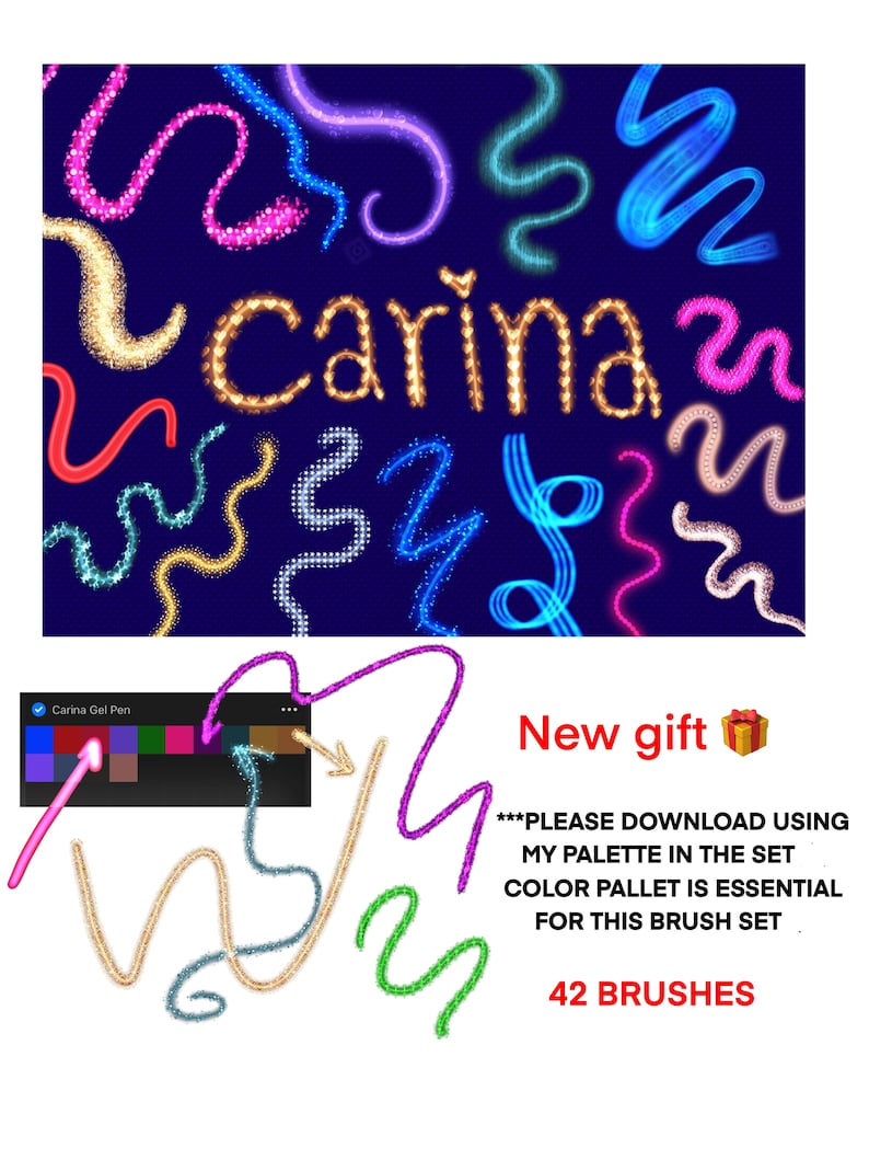 May include: A set of 42 digital brushes for Procreate, featuring glittery, neon-coloured lines and swirls. The brushes are designed to create a unique and eye-catching effect. The image includes the text "carina" and "New gift".