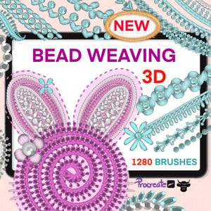 Puede incluir: Ilustración digital para el tejido de cuentas. La imagen presenta el texto "BEAD WEAVING 3D" y "1280 BRUSHES". El diseño incluye un elemento en forma de conejo rosa y varios patrones de cuentas en tonos rosa y turquesa.