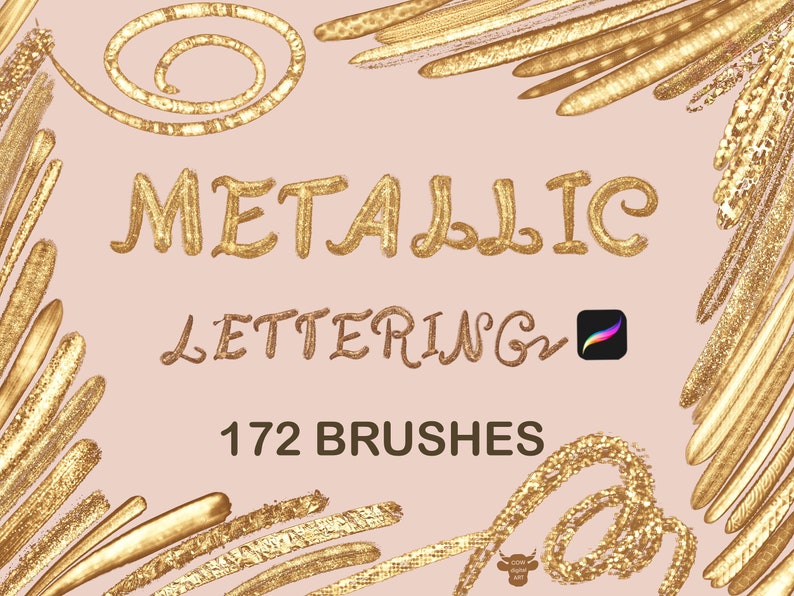 May include: A set of 172 gold metallic lettering brushes for digital art. The brushes are designed to create a realistic metallic effect. The image features a sample of the brushes used to create the text "Metallic Lettering".
