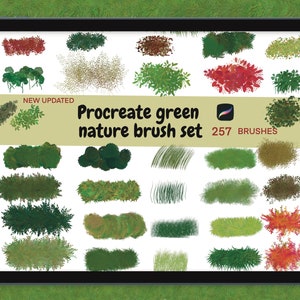 May include: A digital tablet screen displaying a set of 257 Procreate green nature brushes. The brushes are displayed in rows and columns, showing various shades of green, brown, and red. The text "Procreate green nature brush set 257 BRUSHES" is displayed at the top of the screen.