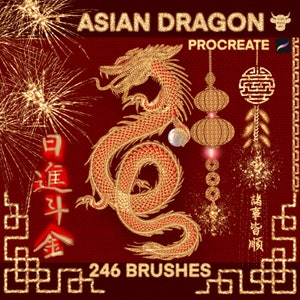 Könnte beinhalten: Ein asiatisches Drachen-Design aus goldenen Glitzer mit 246 Pinseln für Procreate. Das Design beinhaltet einen roten Hintergrund mit goldenen Glitzer-Feuerwerk, Laternen und chinesischen Schriftzeichen.