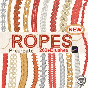 May include: A digital collection of 260+ rope brushes for Procreate, featuring various rope textures and patterns in red, orange, gold, white, and gray. The text ROPES Procreate 260+Brushes is displayed in the center with a NEW badge.