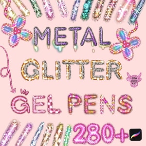 May include: A set of 280+ metallic and glitter gel pens. The pens come in a variety of colours and finishes, including gold, silver, pink, and blue. The pens are arranged in a semi-circle with the words "Metal & Glitter Gel Pens" in large, glittery letters.