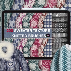 216 PROCREATE SWEATER TEXTURE .knitted brushes ,Snowflake,Reindeer,Procreate Christmas pattern,Procreate winter Coat,Yarn,free gift for you