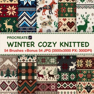 Op de afbeelding: Een digitale collectie van 54 Procreate-penselen en 54 JPG-bestanden getiteld WINTER COZY KNITTED. De afbeelding toont diverse herhalende breipatronen met rendieren, vossen, konijnen, sneeuwvlokken, harten, bomen en geometrische vormen.