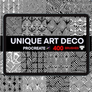 Könnte beinhalten: Der Bildschirm eines digitalen Tablets zeigt eine Sammlung von 400 einzigartigen Procreate-Pinseln im Art-Deco-Stil. Die Pinsel sind schwarzweiß und weisen geometrische Muster auf.