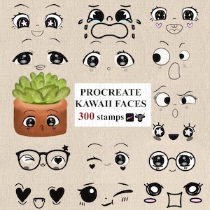 Cara kawaii para Procreate, cara chibi para Procreate, ojos de anime para Procreate, ojos kawaii para Procreate, sello de cara kawaii, ojos lindos, emoción para Procreate, cara linda