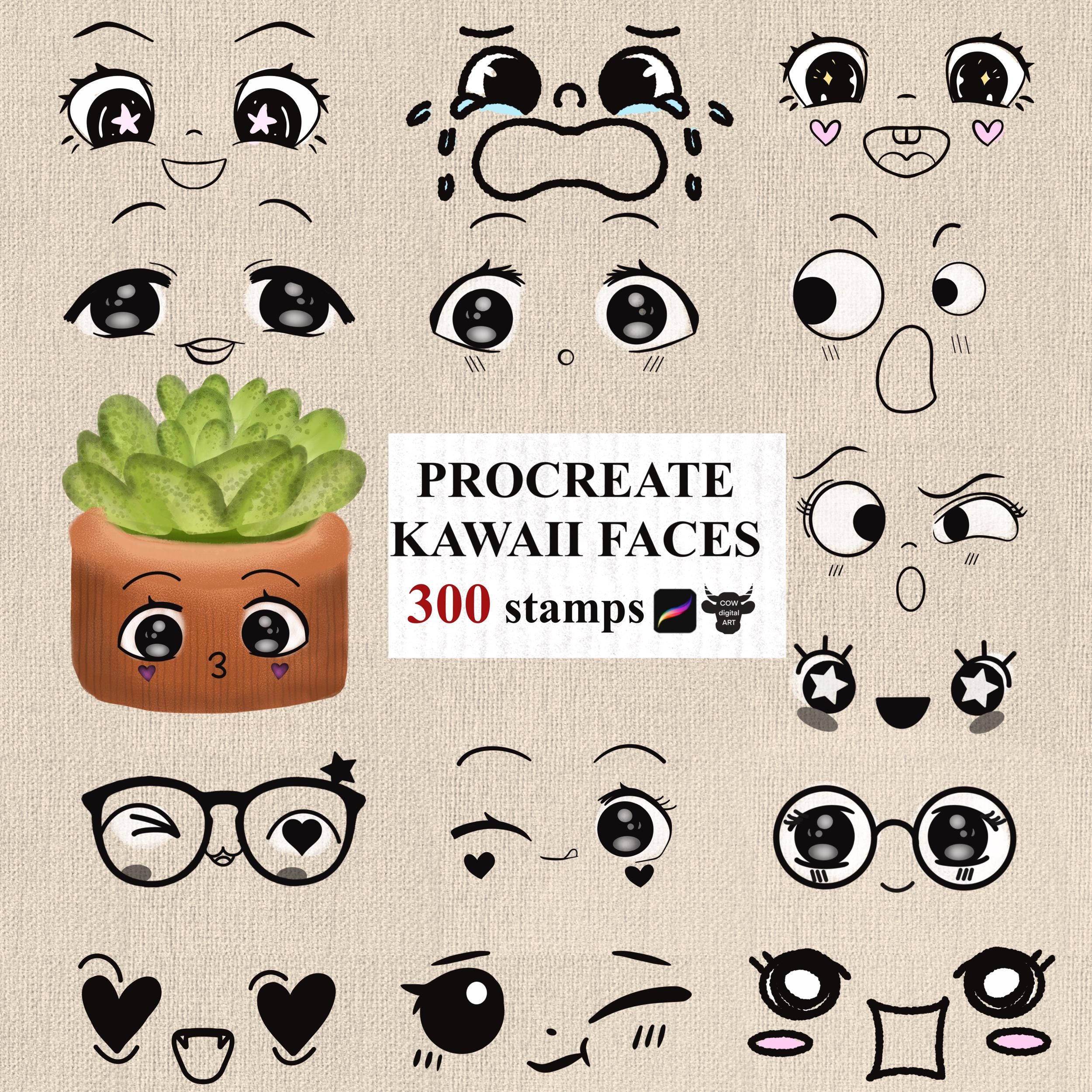 Kawaii Face & Chibi Face Procreate Stamps | Anime Eyes Brush Set (160) + Bonus Brushes