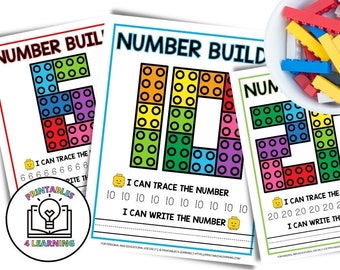 Werkbladen met bouwstenen van 0-20 en flitskaarten - Brick Building Challenge STEM-activiteit voor kinderen