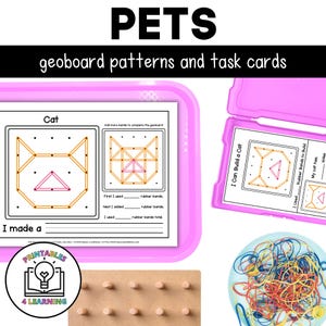Puede incluir: Una actividad de geoplano imprimible para niños con un patrón de gato. La imprimible incluye una tarjeta de tarea con instrucciones para construir el gato usando gomas elásticas. La imagen también muestra un geoplano con clavijas y un montón de gomas elásticas de colores.