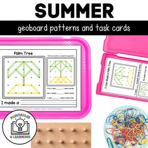 May include: A printable geoboard activity for kids featuring a palm tree pattern. The printable includes a task card with instructions to build the palm tree using rubber bands. The image also shows a geoboard with pegs and a bowl of colorful rubber bands.