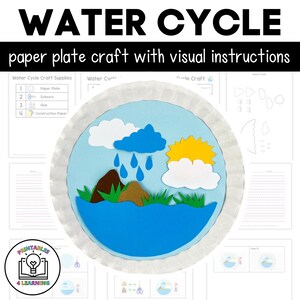 May include: A paper plate craft depicting the water cycle, featuring blue water, brown mountains, green grass, white clouds, a yellow sun, and blue rain. The text "WATER CYCLE" and "paper plate craft with visual instructions" are at the top.