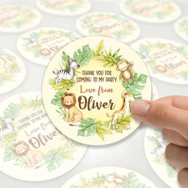24 Personalised Animals stickers - Safari Party favor, Jungle Birthday, Thank you for coming, Tropical Party Tag Favor, Sticker favour Z002