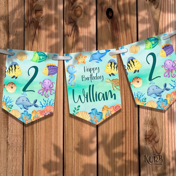 Sealife Party Banner Under The Sea Birthday Bunting Ocean Decoration Garland Any Age Name First 4th 5th 6th 7th 8th Custom bunting for boys