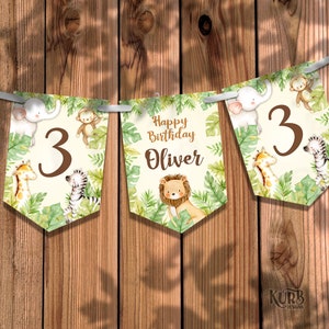 Jungle Personalised Wild Safari Party Banner Bunting Children's Watercolor Decoration Garland Any Age Any Name Ribbon Z002