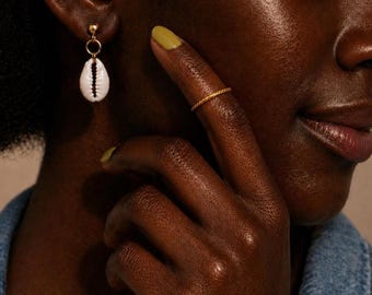 Cowrie Shell Earrings + Twisted Gold Ring Set, Gold Filled Shell Earrings, Dainty Stackable Ring, Minimal Jewelry, Choose One or Set