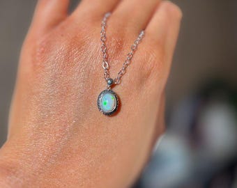 Sterling Silver Opal Necklace: Edwardian Style Crystal Pendant