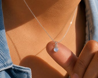 Dainty Moonstone Necklace: Sterling Silver Bezel Pendant, June Birthstone