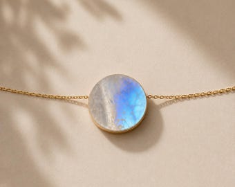 Rainbow Moonstone Necklace, 14k Gold Filled Mineral Circle Necklace, Minimalist Gemstone Jewelry, Dainty Everyday Moonstone Necklace