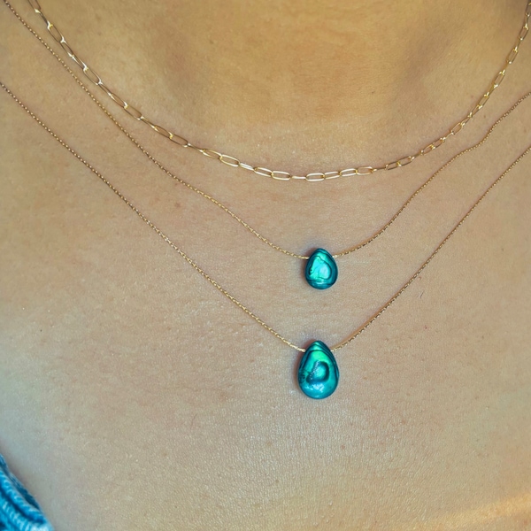 Green Abalone Shell Teardrop Pendant Necklace: Sterling & Rose Gold Filled
