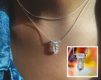 clear quartz crystal necklace, healing crystal point, personalized custom initial tag, stone jewelry, spiritual protection necklace for gift
