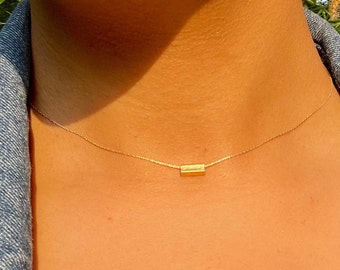 Hammered Gold Minimalist Necklaces Dainty Bar, 14KT Filled Unique Jewelry Gifts for Minimalist, Textured Necklaces, Small Thin Fine Chain