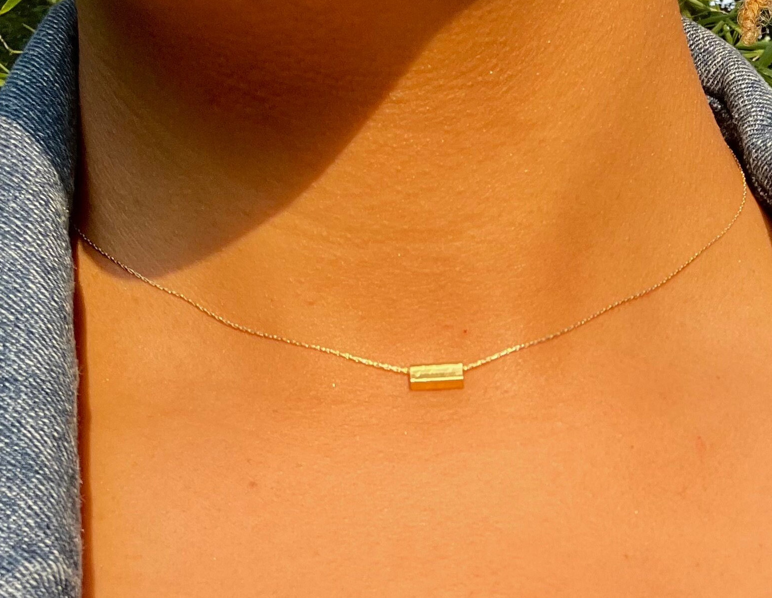 Hammered Gold Minimalist Necklaces Dainty Bar, 14KT Filled Unique Jewelry Gifts for Minimalist, Textured Necklaces, Small Thin Fine Chain